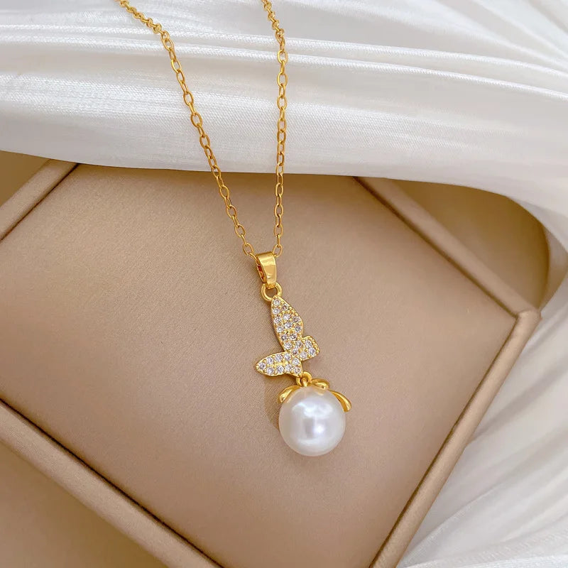 Pearl Butterfly Pendant Choker – Women's Gold Stainless Steel Pendant Necklace Nixie