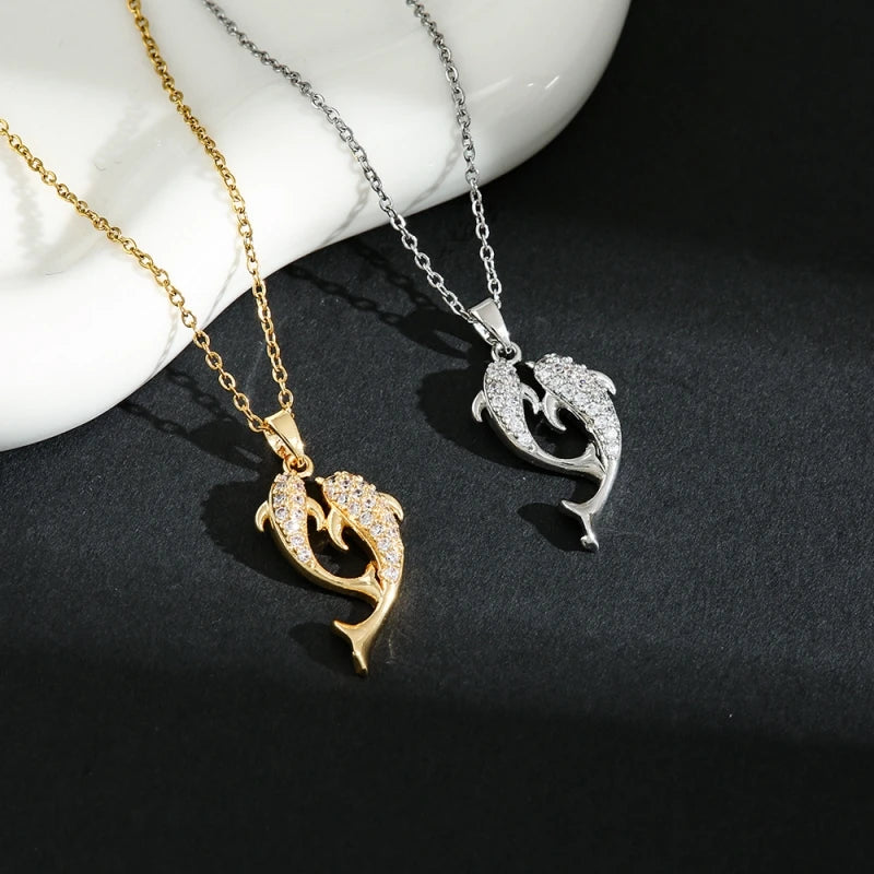 Dolphin Pendant Necklace Women – Sparkling Zircon Copper Chain Pendant Necklace Nixie