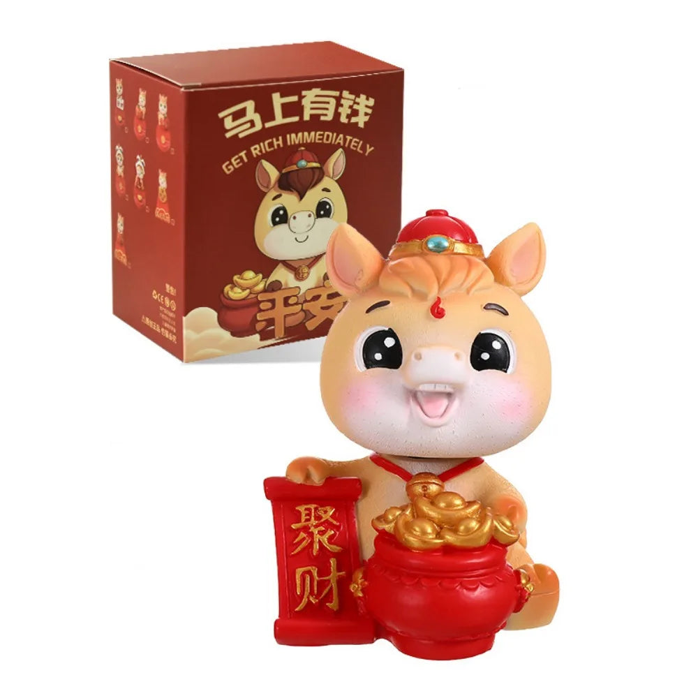 Cartoon Horse Chinese New Year Resin Figurine Gold Red Lucky Charm