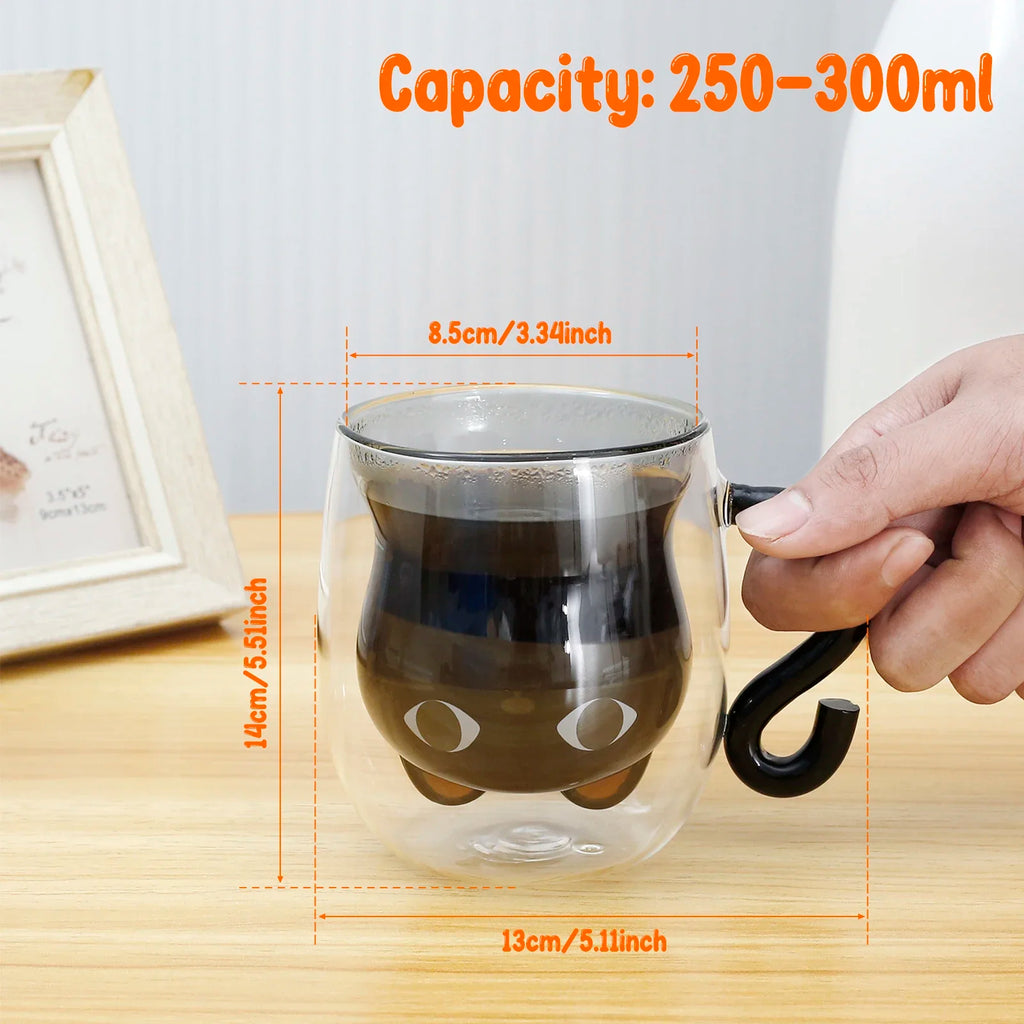 Cute Cat Double-Wall Glass Mug with Handle | 250–300ml Glass Coffee Mug Nixie
