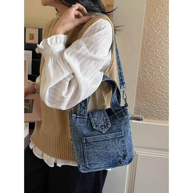 Denim Vintage Bucket Bag for Women – Casual Daily Handbag Denim Bucket Bag Nixie