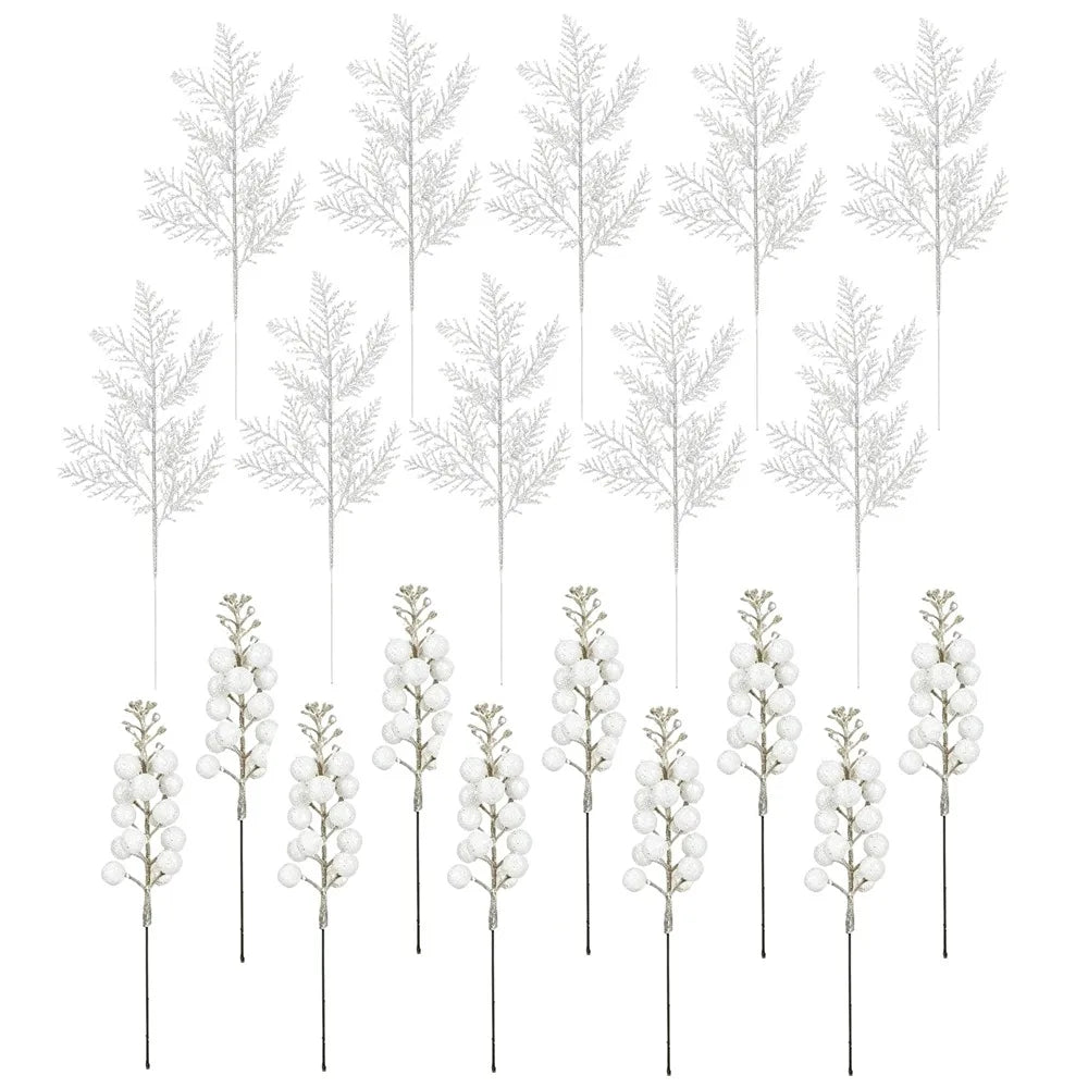 10Pcs Christmas Glitter Artificial Flower & Berry Ornaments Set Christmas Tree Ornaments Nixie White