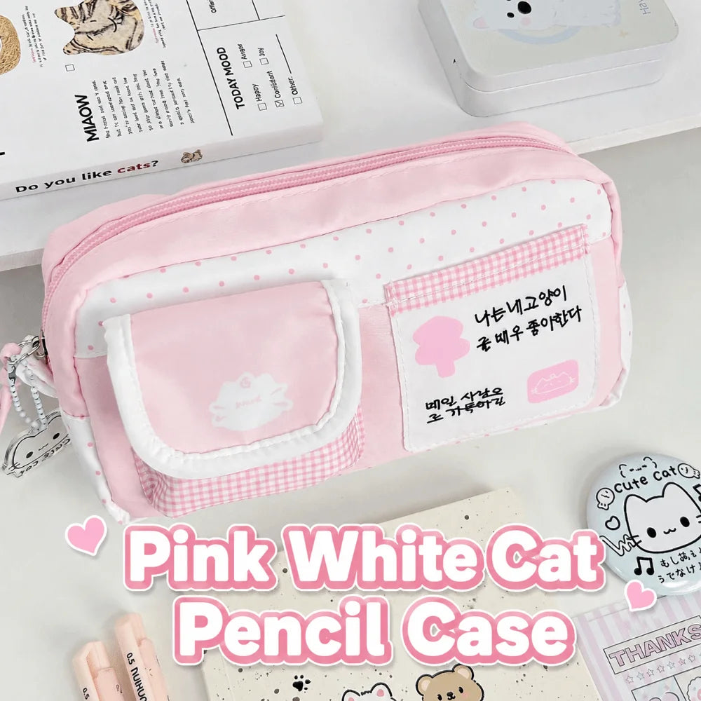 Pink Cat Print Pencil Case – Large Capacity Kawaii Pouch