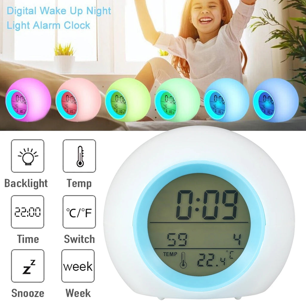 Kids Digital Alarm Clock 7-Color Night Light & Temperature