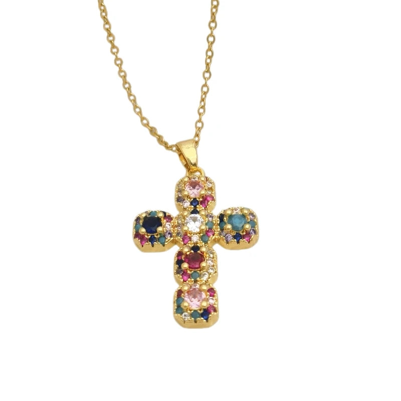 Colorful Cross Pendant Necklace – Women's Gold Clavicle Chain Pendant Necklace Nixie