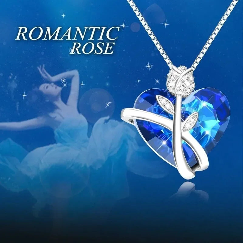 Silver Rose Flower Butterfly Pendant Necklace | Elegant Gift
