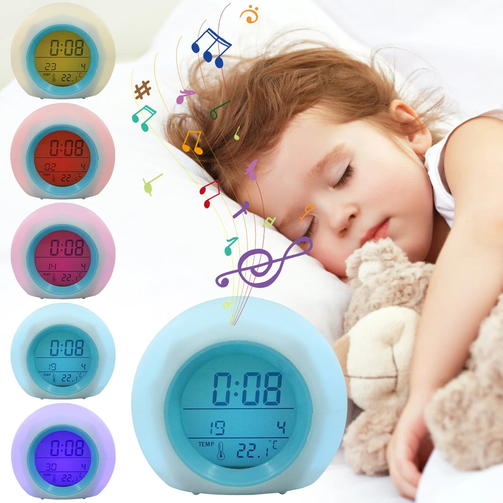 Kids Digital Alarm Clock 7-Color Night Light & Temperature Kids Alarm Clock Nixie