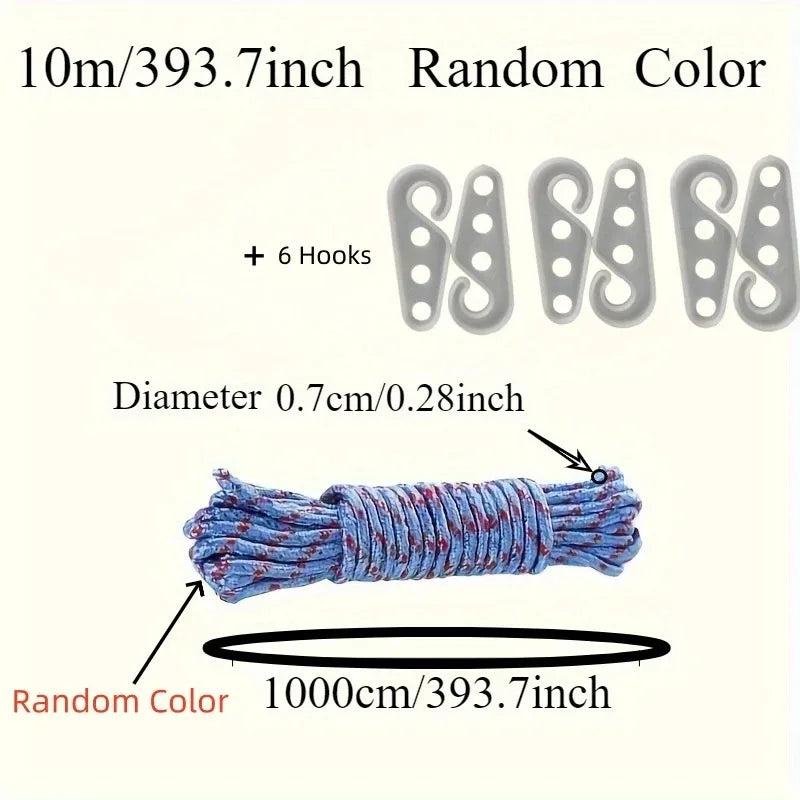7-Piece Nylon Clothesline Kit – 10M Rope & 6 Hooks Indoor/Outdoor Rope & Hook Kit Nixie