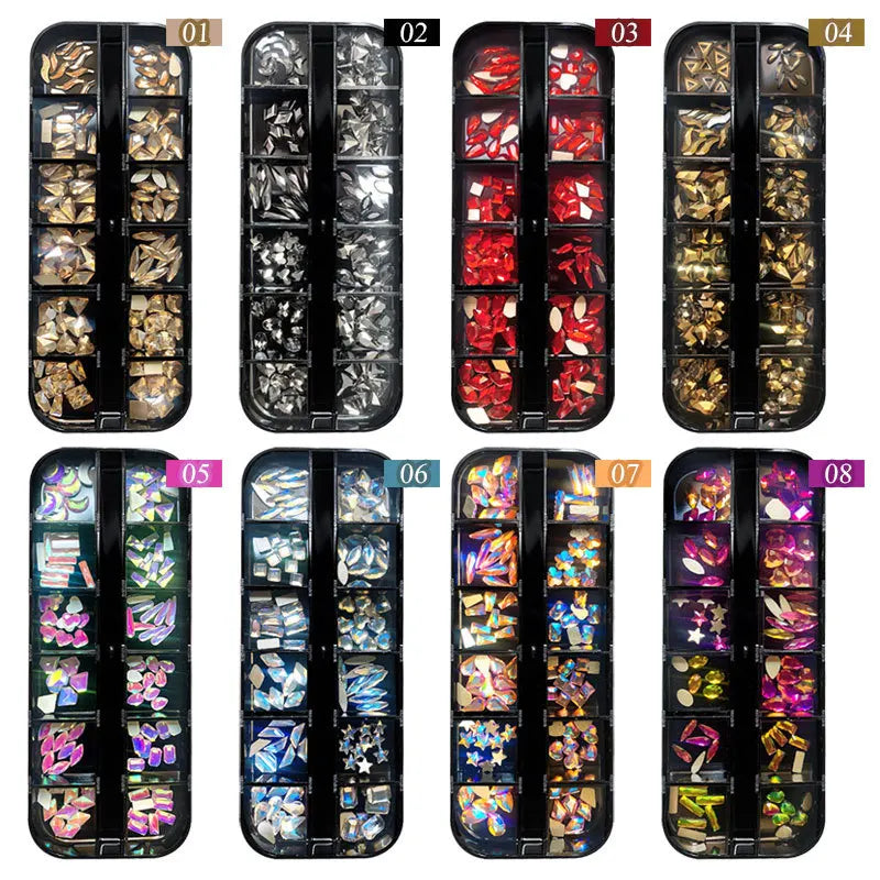 12-Grid Nail Art Rhinestone Kit – 120pc Flat Back Glass Gems Nail Art Rhinestones Nixie