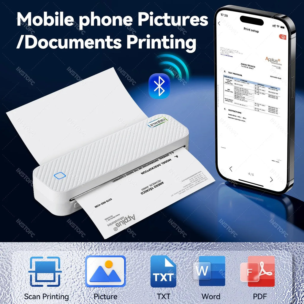 INSTOFC Portable A4 Bluetooth Thermal Printer – Inkless PDF Print