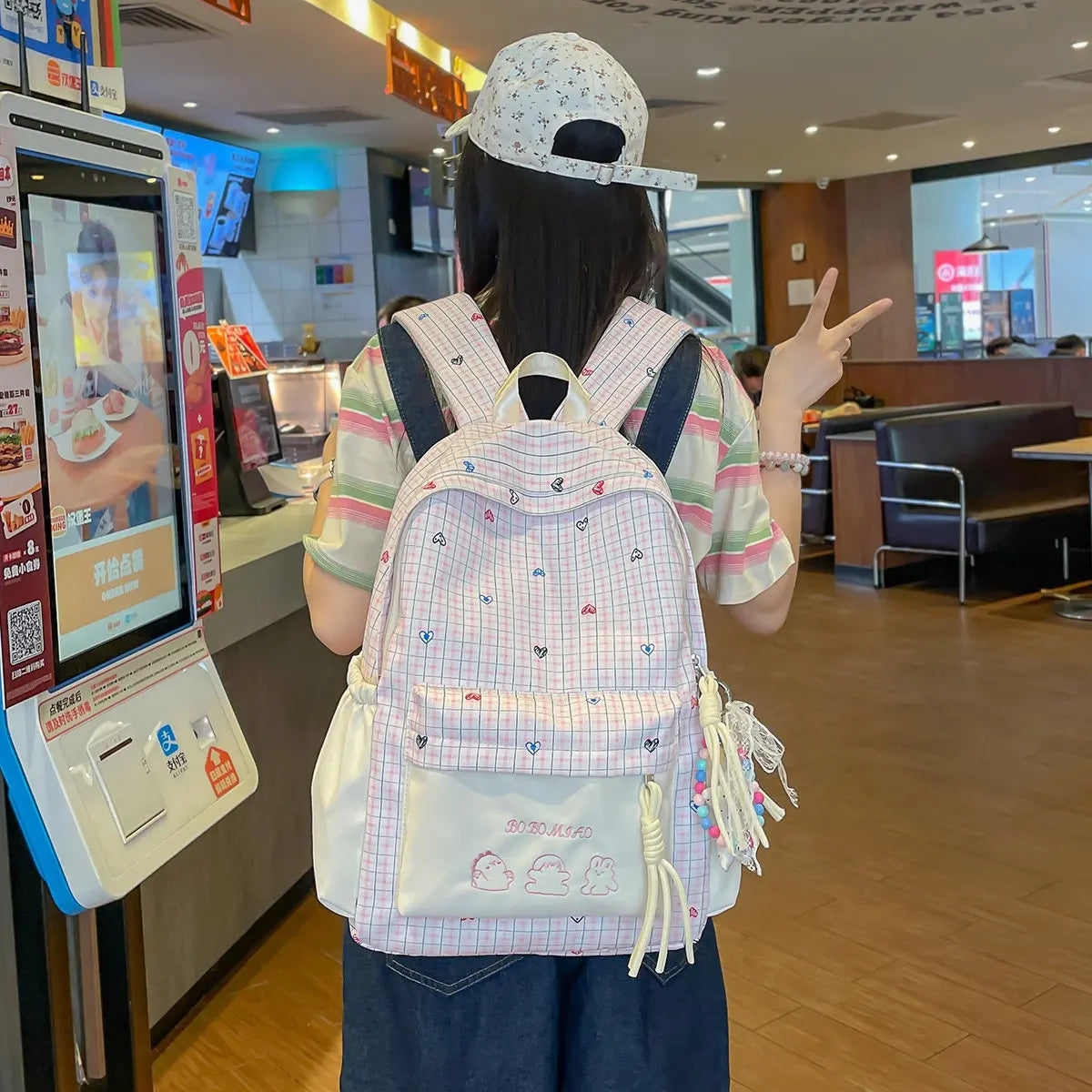 Women's Japanese Plaid Backpack – Large Capacity School Bag Women's Backpack Nixie Pink(No Charm)