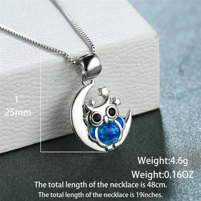 Dainty Owl Blue Simulated Opal Silver Moon Necklace Fashion Necklace Nixie