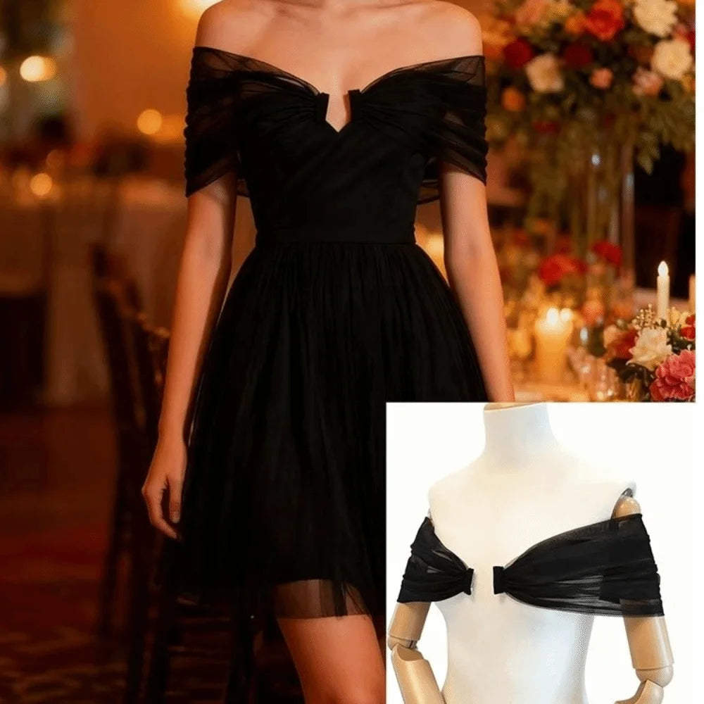 Off-Shoulder Sheer Chiffon Bridal Shawl – DIY Arm Straps Bridal Wrap Shawl Nixie Black