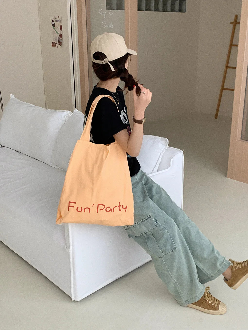 Korean Letter Print Canvas Tote Bag – Large Capacity Cream Canvas Tote Bag Nixie Orange-Pink