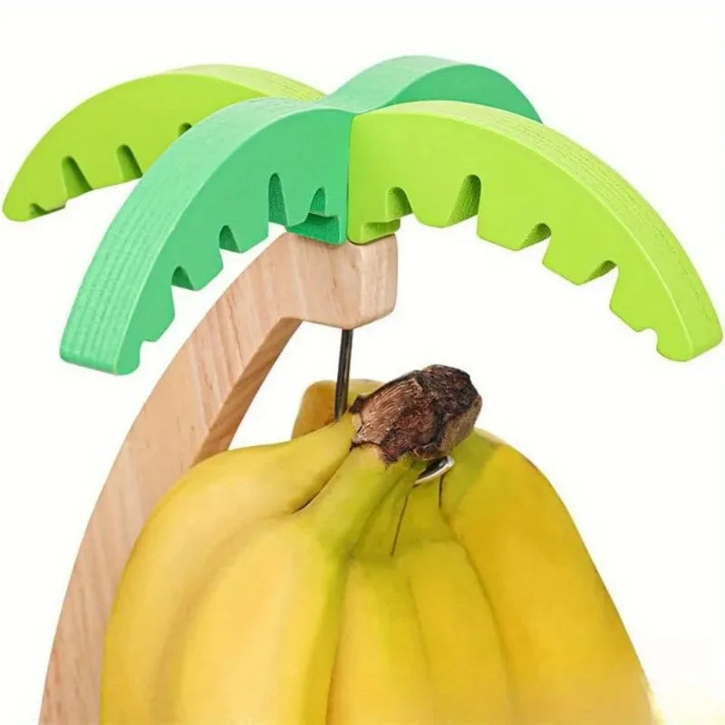 Wooden Banana Holder Fruit Shelf with Decorative Leaves