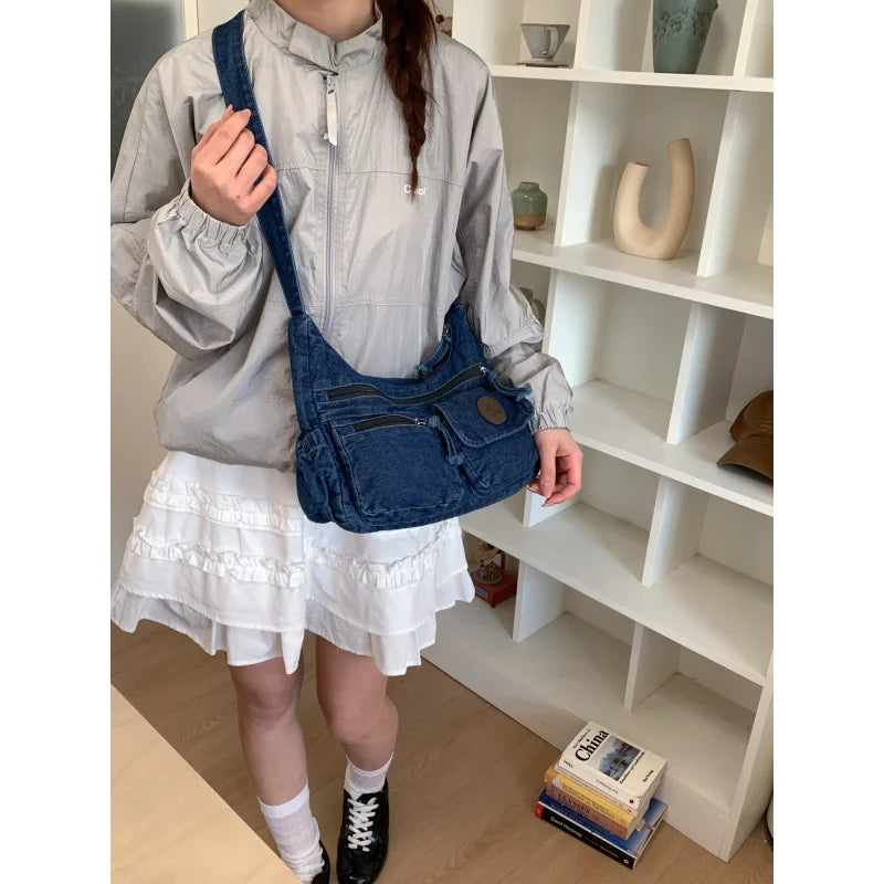 Japanese Washed Denim Multi-Pocket Women's Shoulder Bag Denim Shoulder Bag Nixie