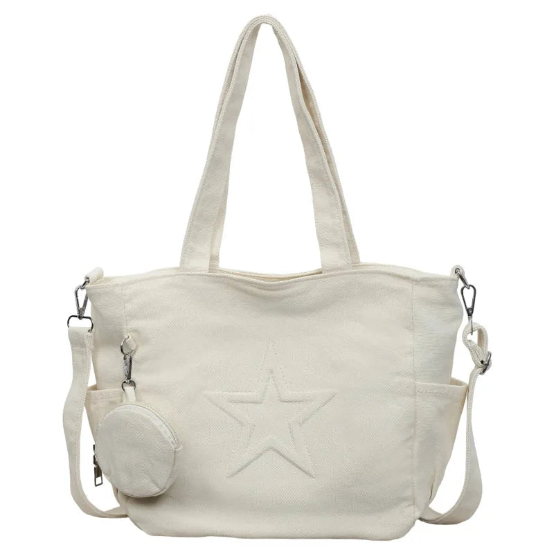 Korean Minimalist Canvas Tote Bag – Shoulder & Crossbody Handbag Canvas Tote Bag Nixie BB-1479WHITE