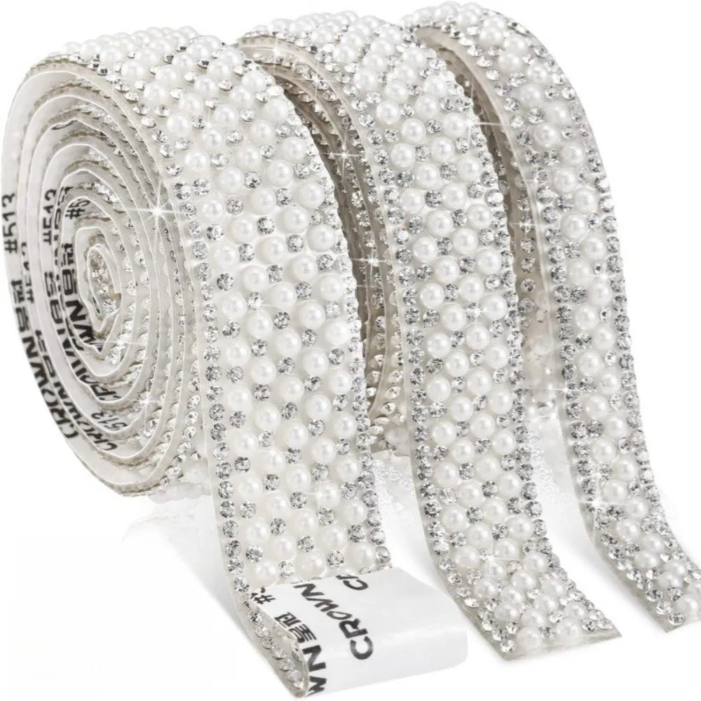 Self-Adhesive Crystal Rhinestone Pearl Trim Tape – DIY Gem Strip