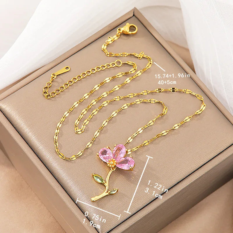 Pink Zircon Leaf Flower Choker Pendant Necklace | Nixie Pendant Necklace Nixie