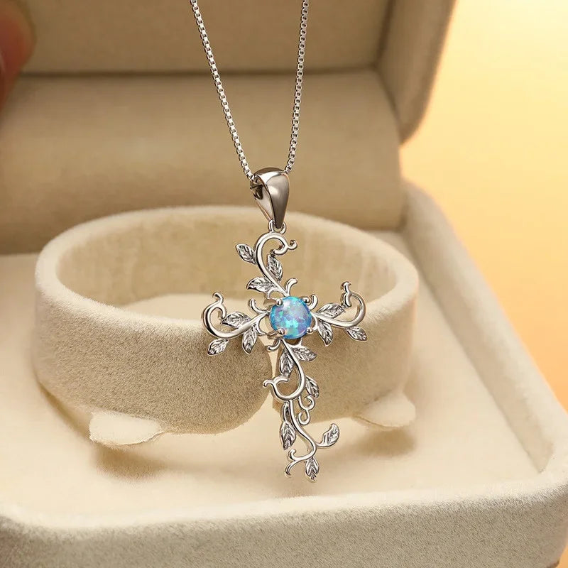 Silver Flower Vine Cross Pendant Imitation Opal Necklace Pendant Necklace Nixie