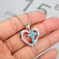 Silver Blue Simulated Opal Heart Cross Pendant Necklace Pendant Necklace Nixie Blue