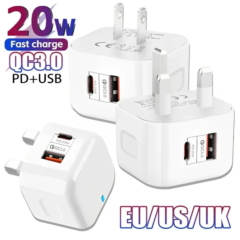 20W Dual Port USB-C PD Wall Charger EU/US/UK – Fast Charging