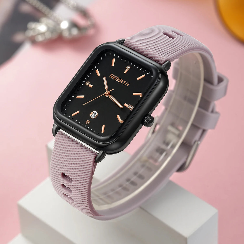 REBIRTH Women's Macaron Quartz Watch | Silicone Strap Calendar Women's Quartz Watch Nixie