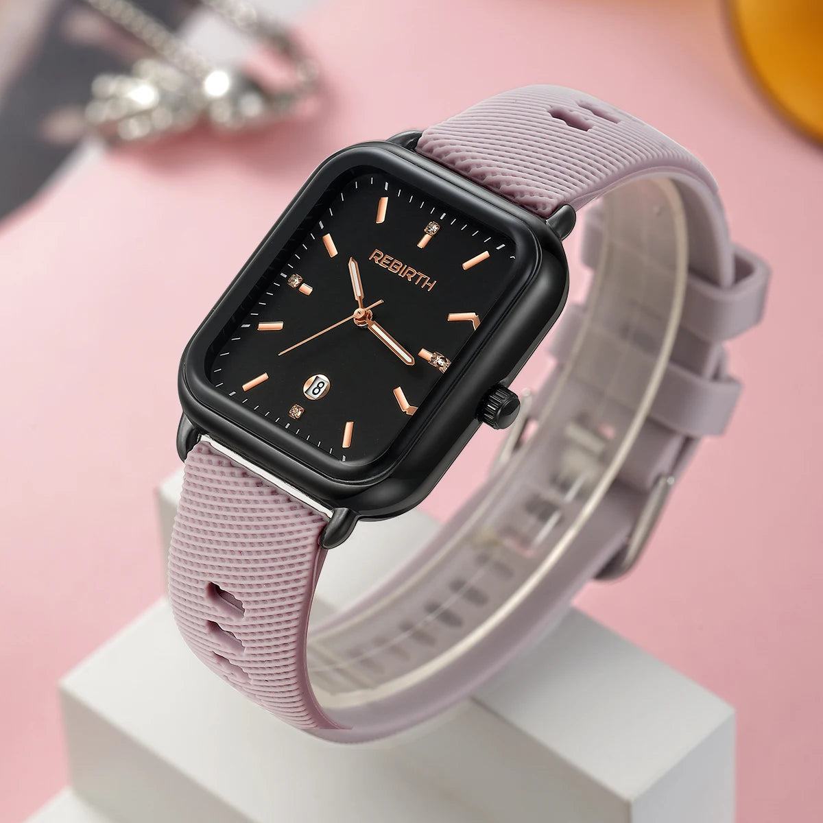 REBIRTH Women's Macaron Quartz Watch | Silicone Strap Calendar Women's Quartz Watch Nixie