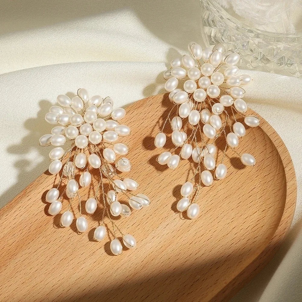 French Imitation Pearl Tassel Dangle Earrings | Bridal Style Tassel Dangle Earrings Nixie