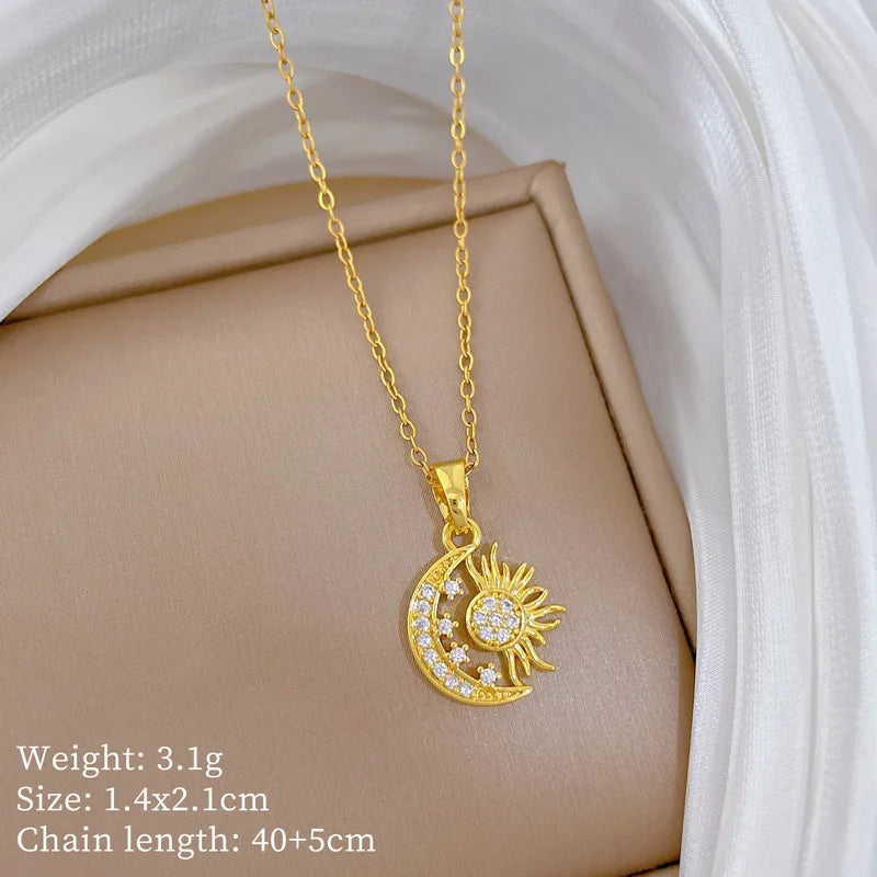 Moon Star Starburst Gold Copper Pendant Necklace for Women