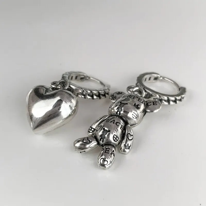 Antique Silver Bear Asymmetric Stud Earrings | Vintage Unisex Stud Earrings Nixie