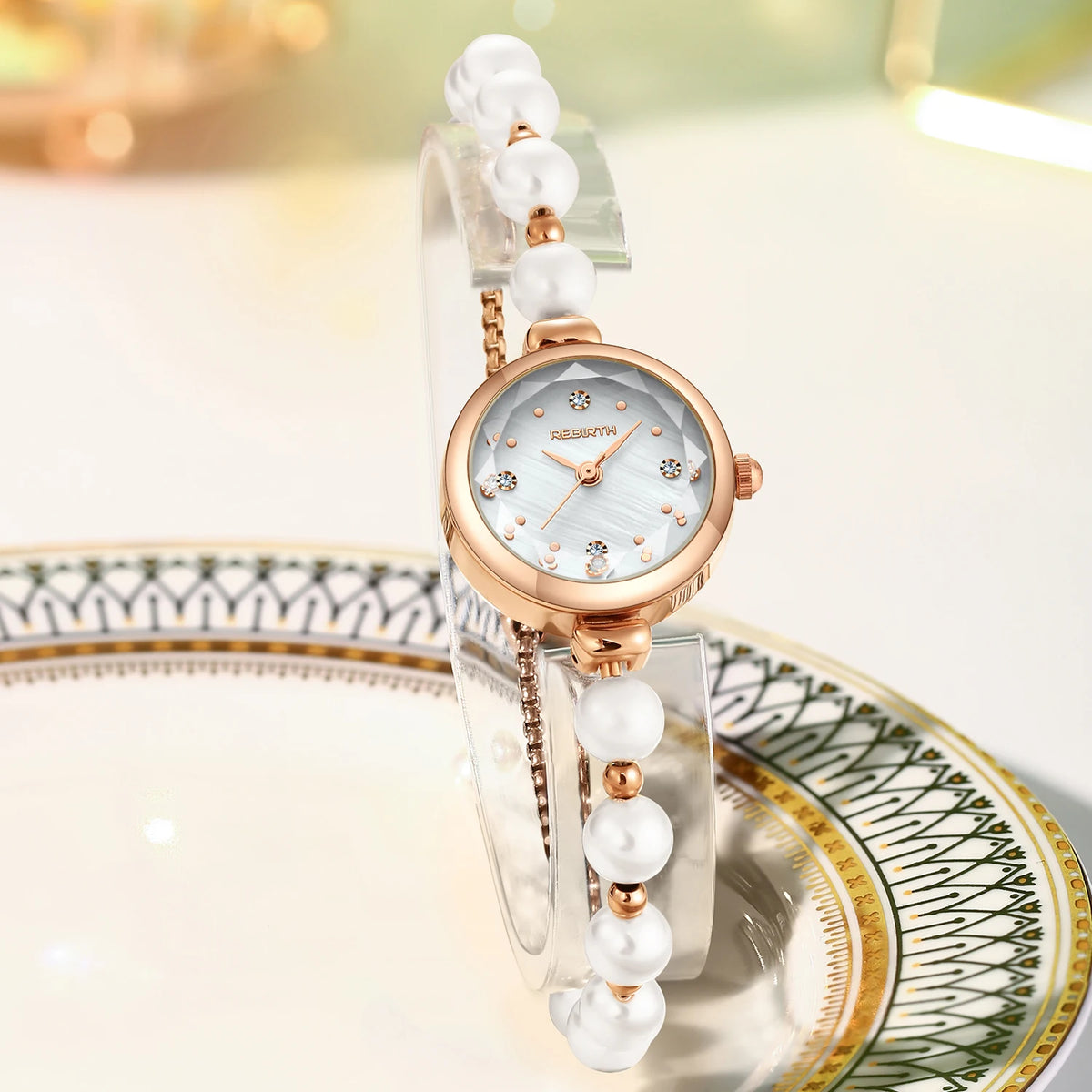 REBIRTH Pearl Bracelet Quartz Watch – Elegant & Compact Pearl Bracelet Watch Nixie