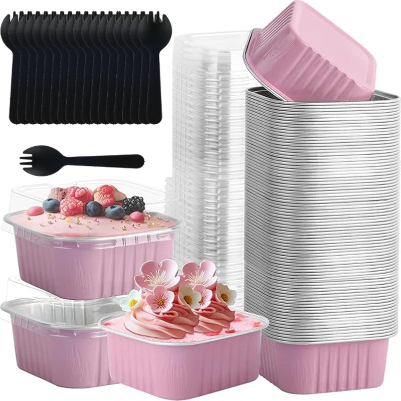 50Pcs Aluminum Foil Cupcake Cups with Lids & Fork Spoons Foil Baking Cups Nixie