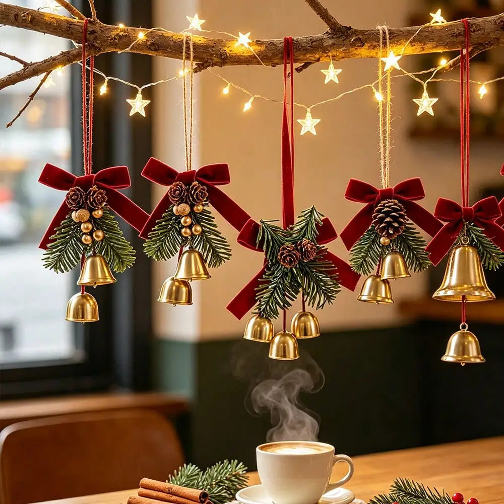 Christmas Jingle Bell Door Hanger – Velvet Bow & Pine Cone Ornament Christmas Door Ornament Nixie