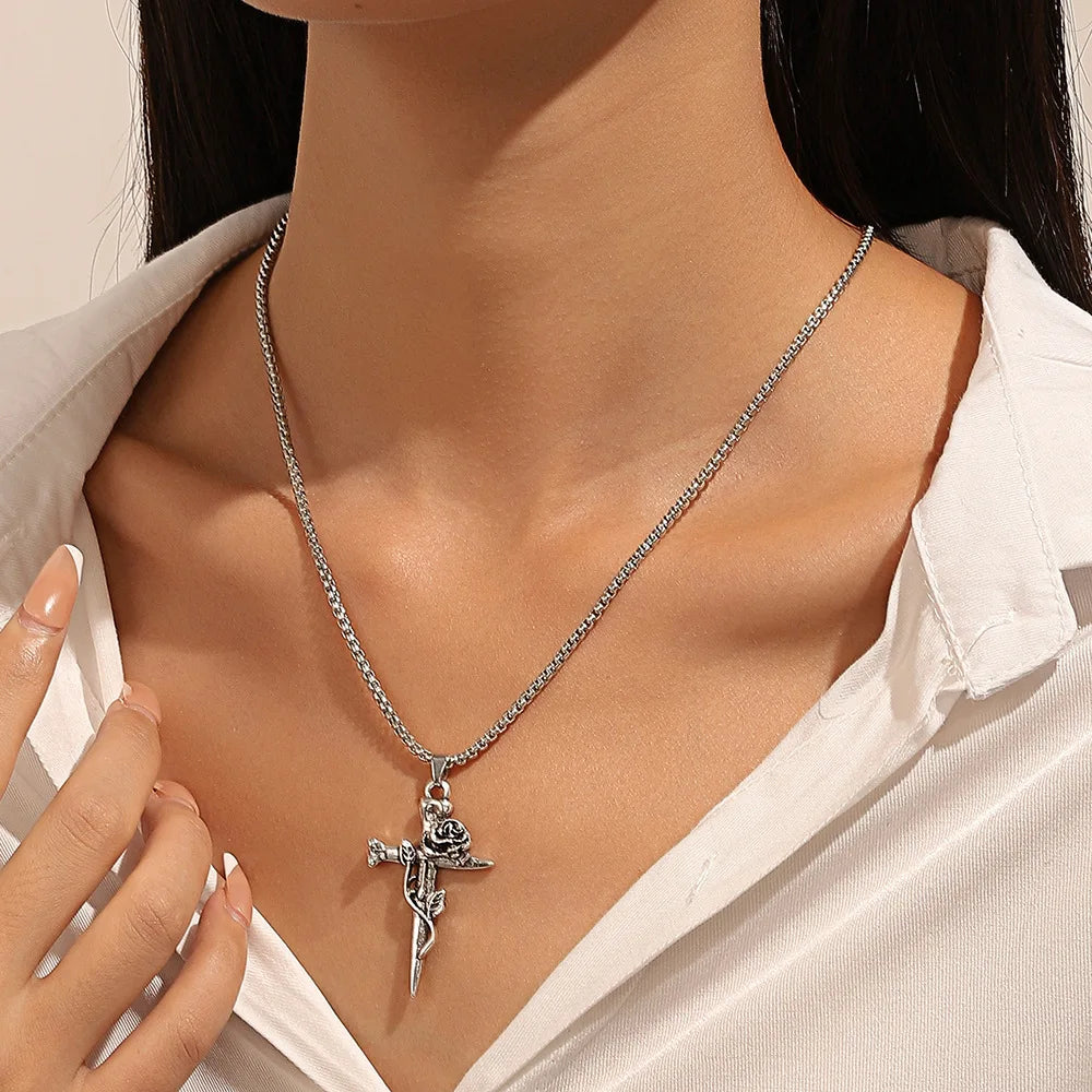 Retro Rose Cross Long Necklace Hip Hop Unisex Pendant Fashion Necklace Nixie