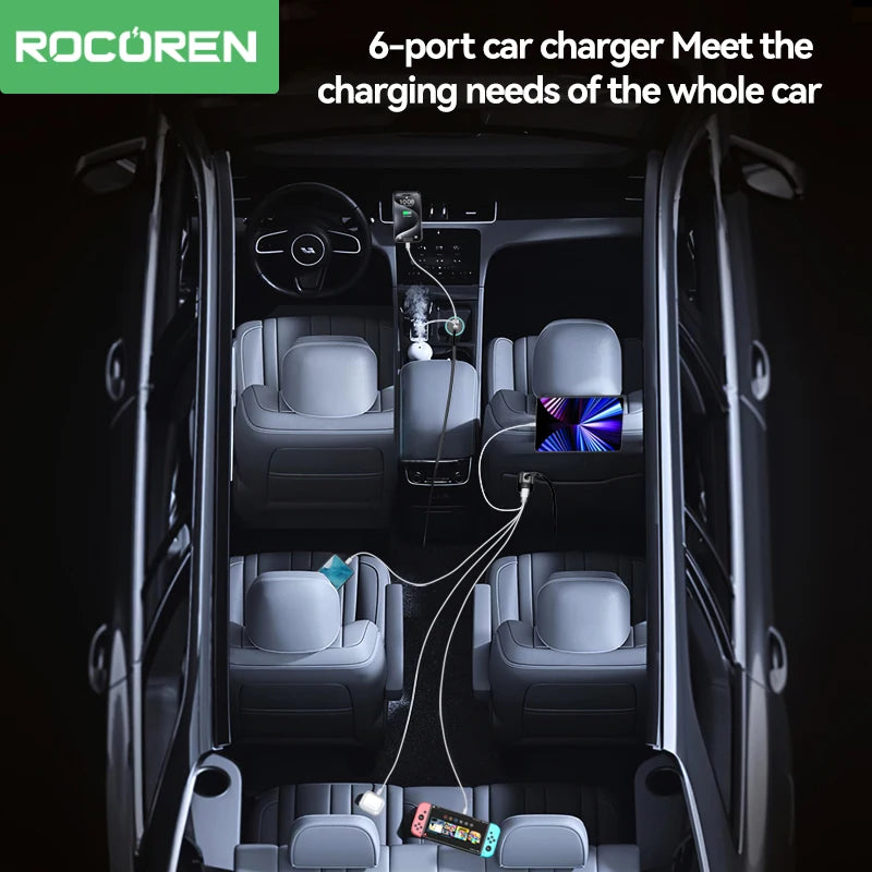 Rocoren 105W 6-Port Car Charger USB-C & USB-A Fast Charging Car Charger Nixie