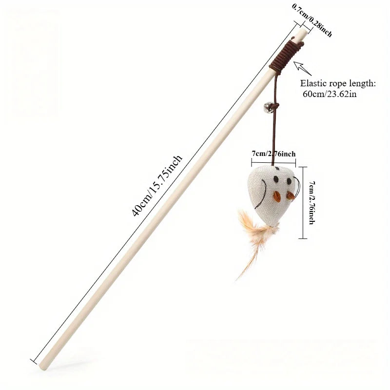Wooden Mouse Wand Cat Toy – Interactive Pet Teaser Rod Cat Wand Toy Nixie 1 40cm