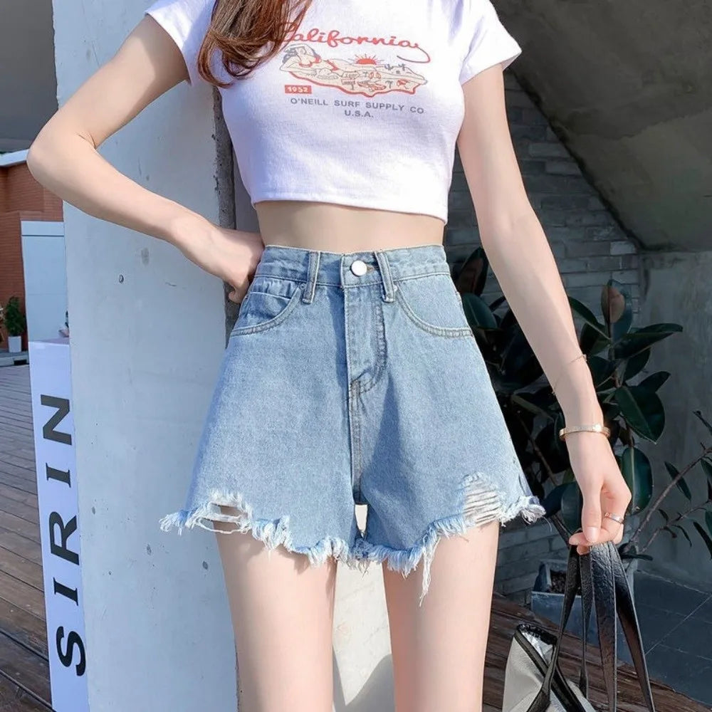 Women's High Waist Ripped Denim Shorts – Frayed Raw Hem Denim Shorts Nixie
