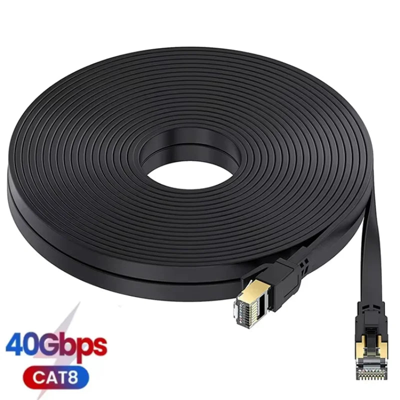 Flat CAT8 Ethernet Cable 40Gbps 2000MHz Shielded RJ45 Patch Cable Ethernet Patch Cable Nixie Black CAT8 15M