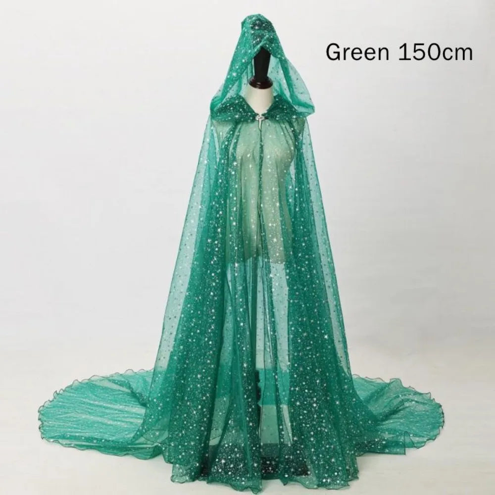 Glitter Halloween Hooded Cloak – Lace-Up Cosplay Cape Halloween Costume Cape Nixie Green 150cm