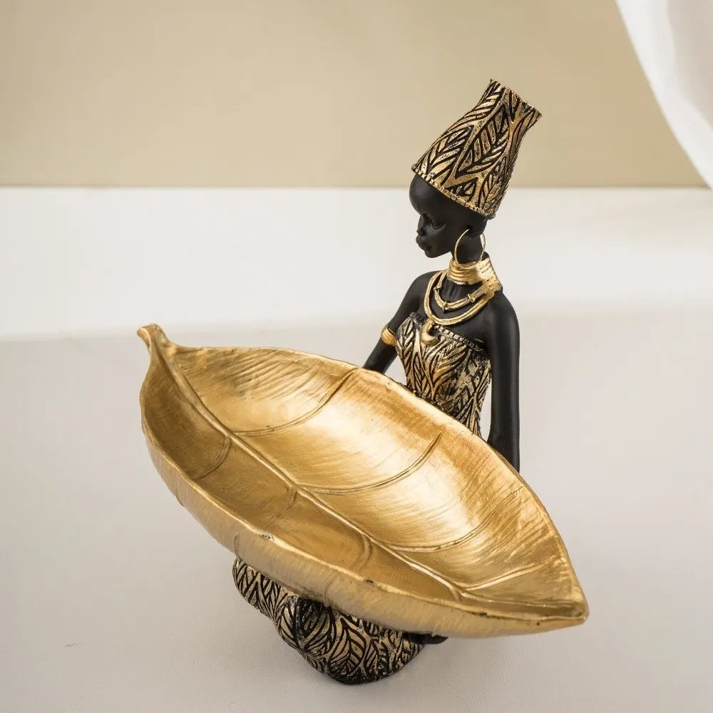 Vintage African Girl Sculpture Decorative Storage Plate Ornament