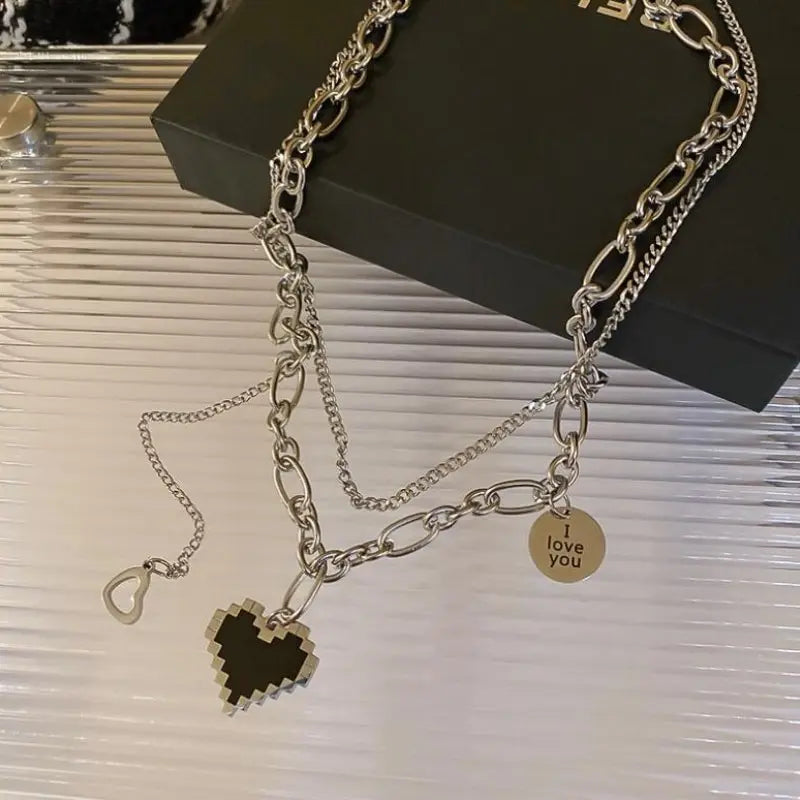 2PCS Hip Hop Gold Plated Mosaic Heart Pendant Necklace Set Pendant Necklace Set Nixie