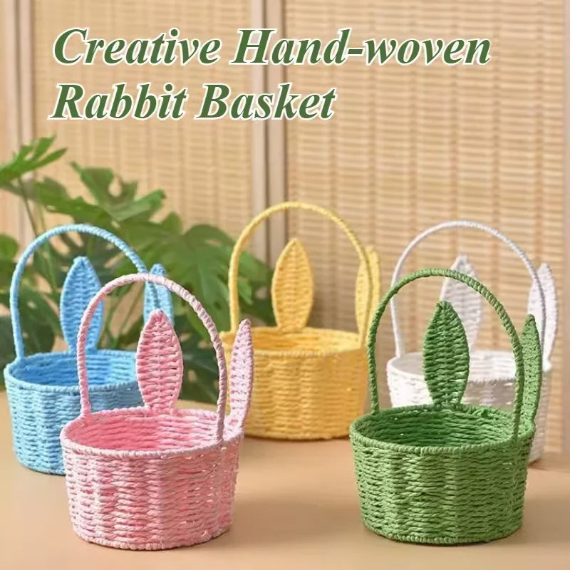 Easter Bunny Ears Woven Basket with Handle | Gift Organizer Woven Gift Basket Nixie
