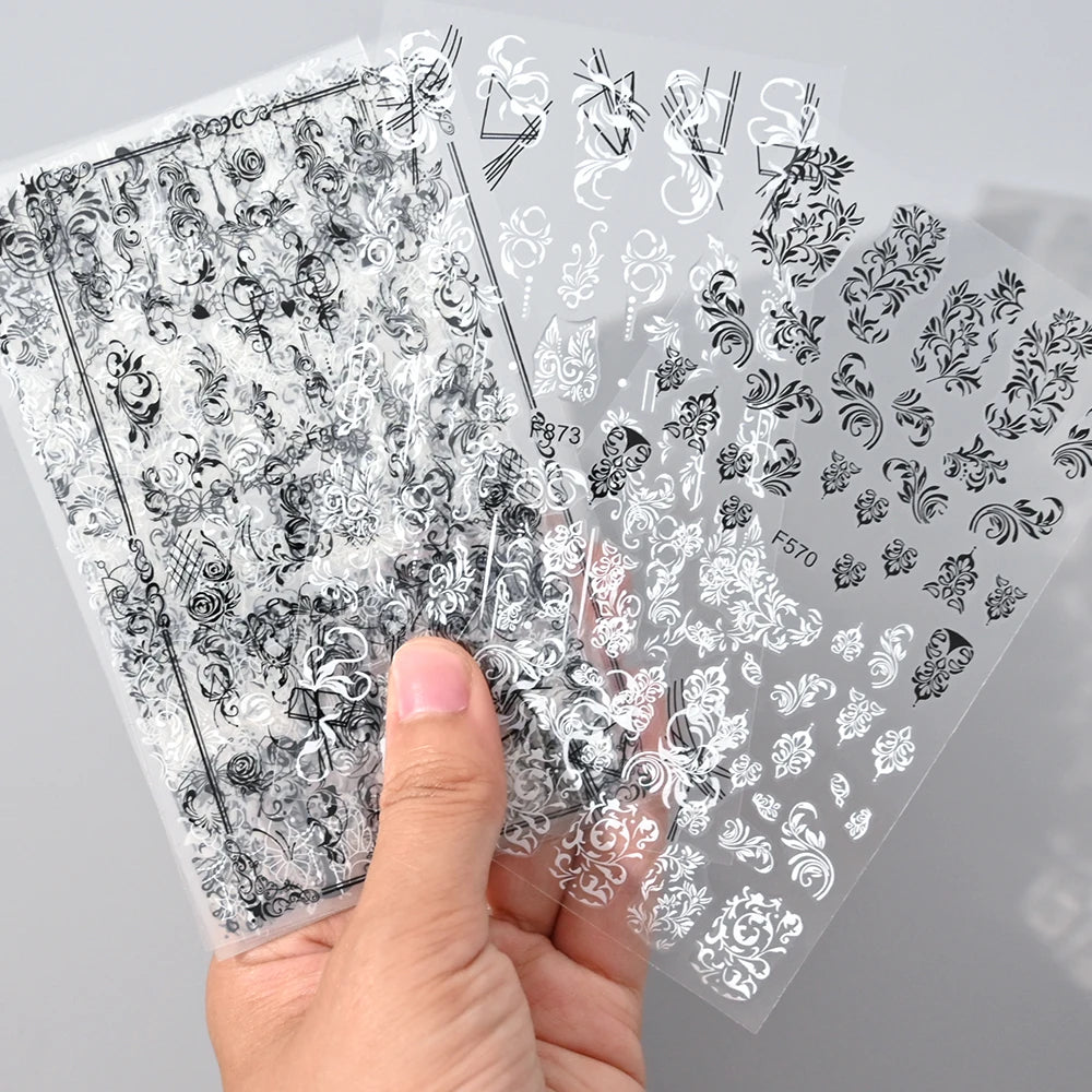 6Pcs 3D Lace Flower Nail Art Stickers – Black White Floral Decals Nail Art Stickers Nixie