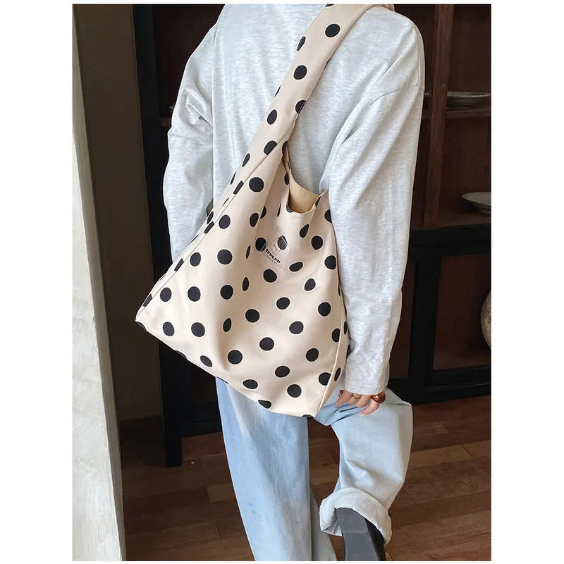 Korean Polka Dot Canvas Tote Bag – Large Women's Shoulder Bag Canvas Tote Bag Nixie