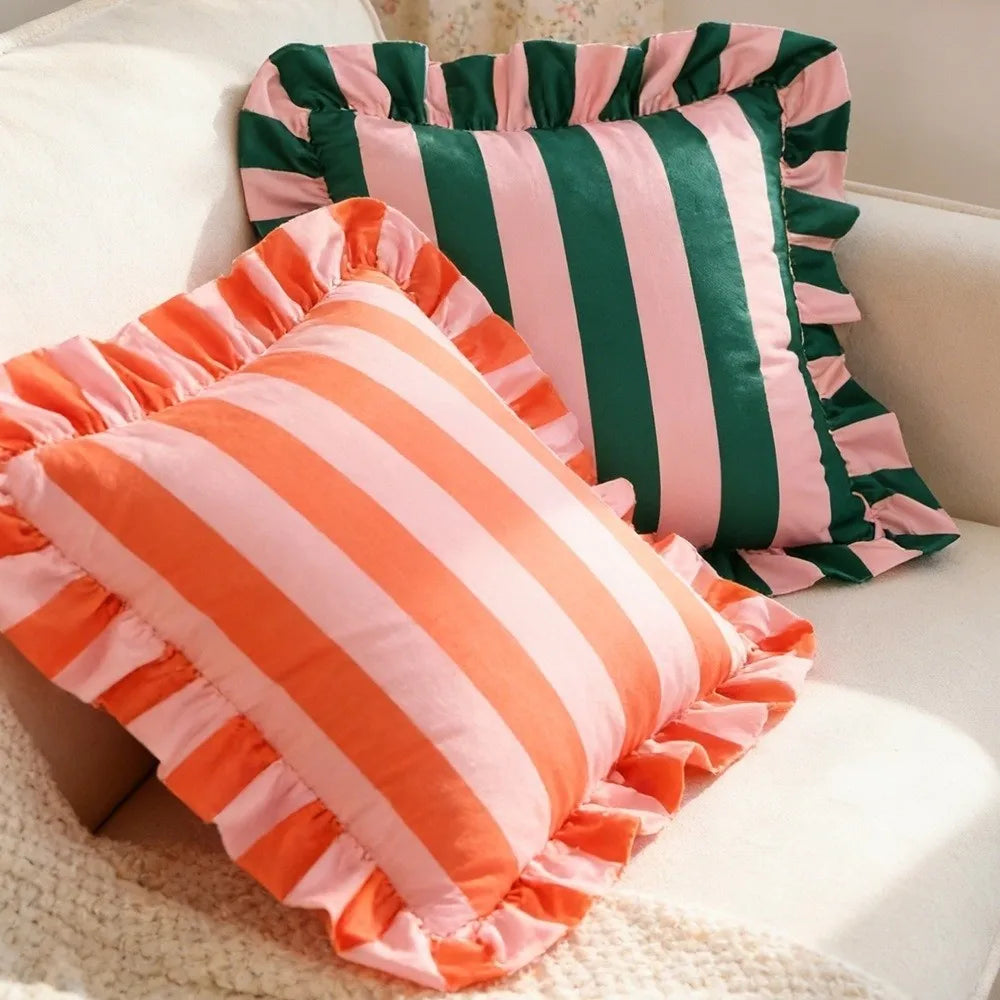 Striped Velvet Pillowcase Lotus Leaf Edge | Soft Decorative Cover Decorative Pillowcase Nixie