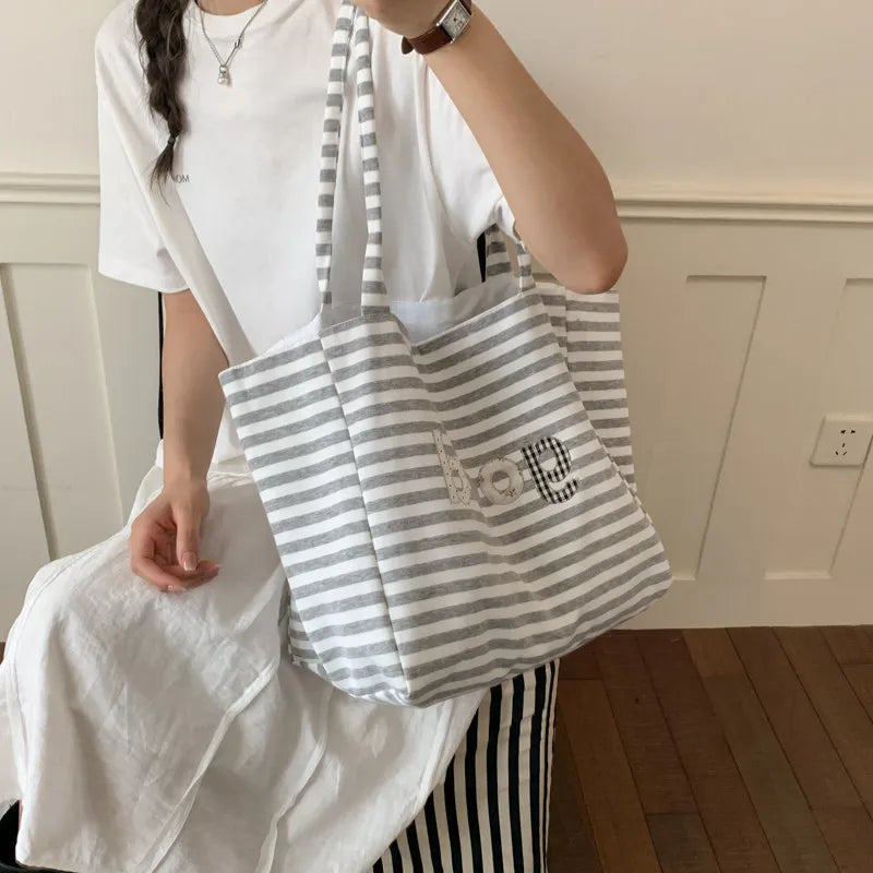 Striped Canvas Tote Bag – Large Women's Shoulder Bag | Nixie Canvas Tote Bag Nixie