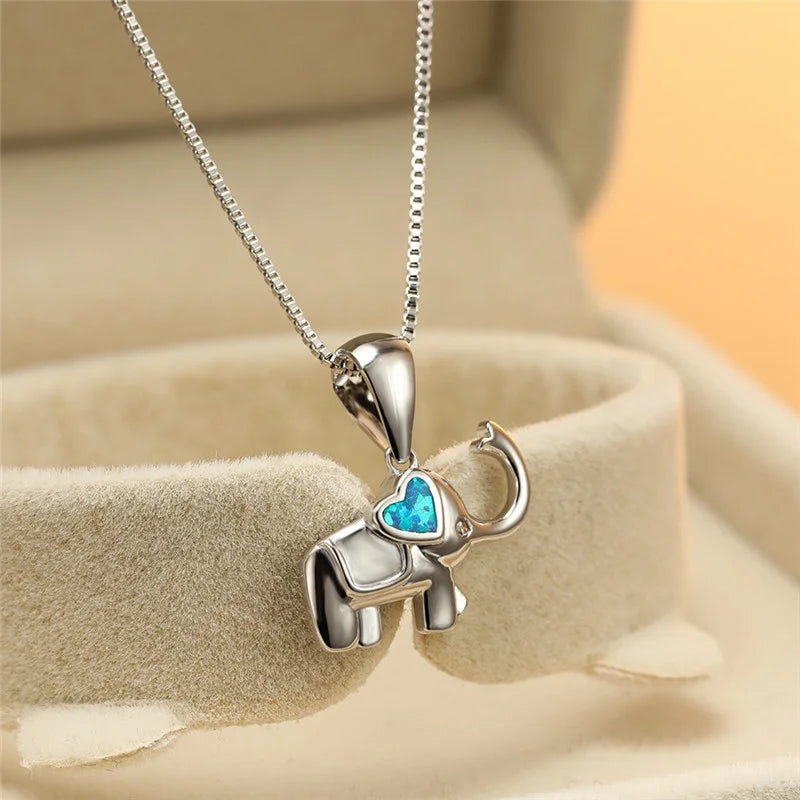 Elephant Pendant Necklace Blue Simulated Opal Charm Jewelry Pendant Necklace Nixie