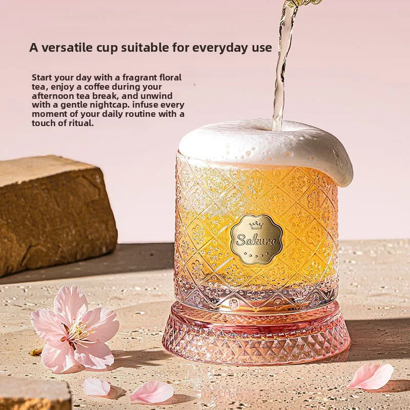 Pink Cherry Blossom Rotating Glass – Beer, Whiskey & Juice Decorative Drinking Glass Nixie
