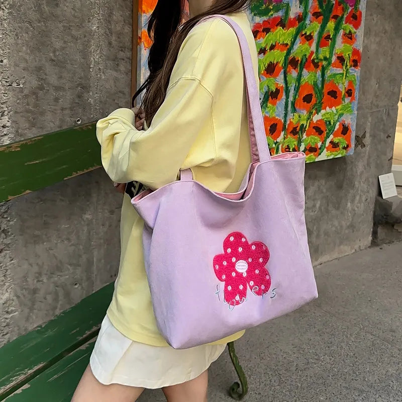 Cartoon Flower Embroidery Canvas Shoulder Bag | Korean Style Canvas Shoulder Bag Nixie